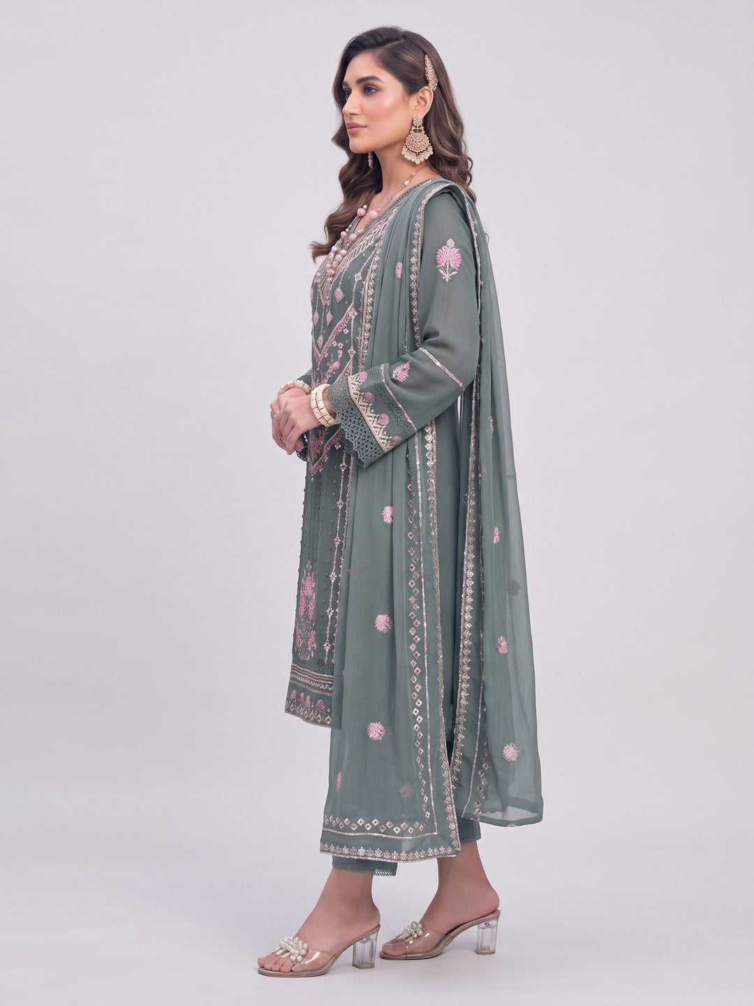 Bluish Grey Embroidered Georgette Semi-Stitched Pakistani Dress Material - Image 5