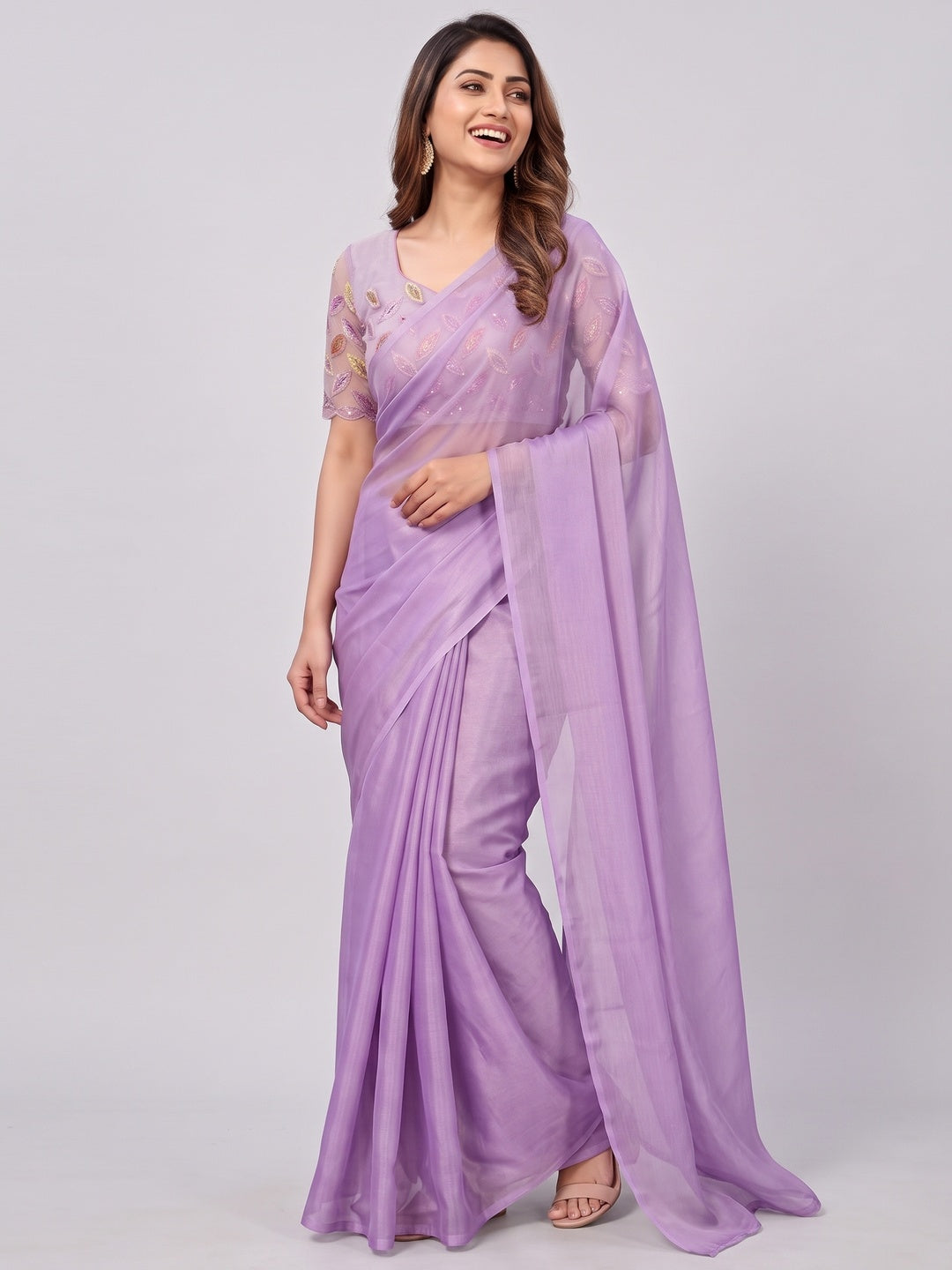 Lavender Solid Chiffon Saree - Image 8