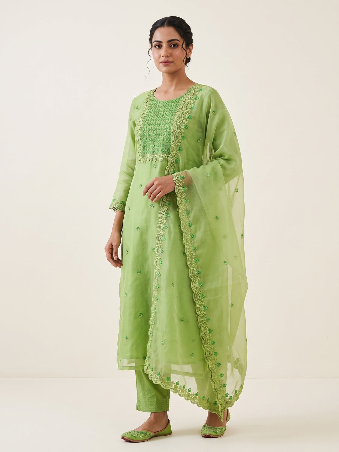 Green Embroidered Organza Dress Material - Image 1