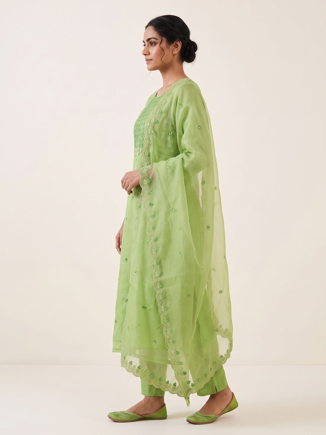 Green Embroidered Organza Dress Material - Image 3