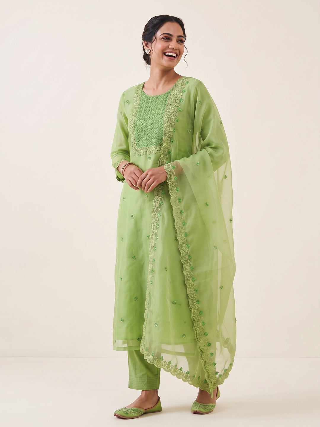 Green Embroidered Organza Dress Material - Image 4