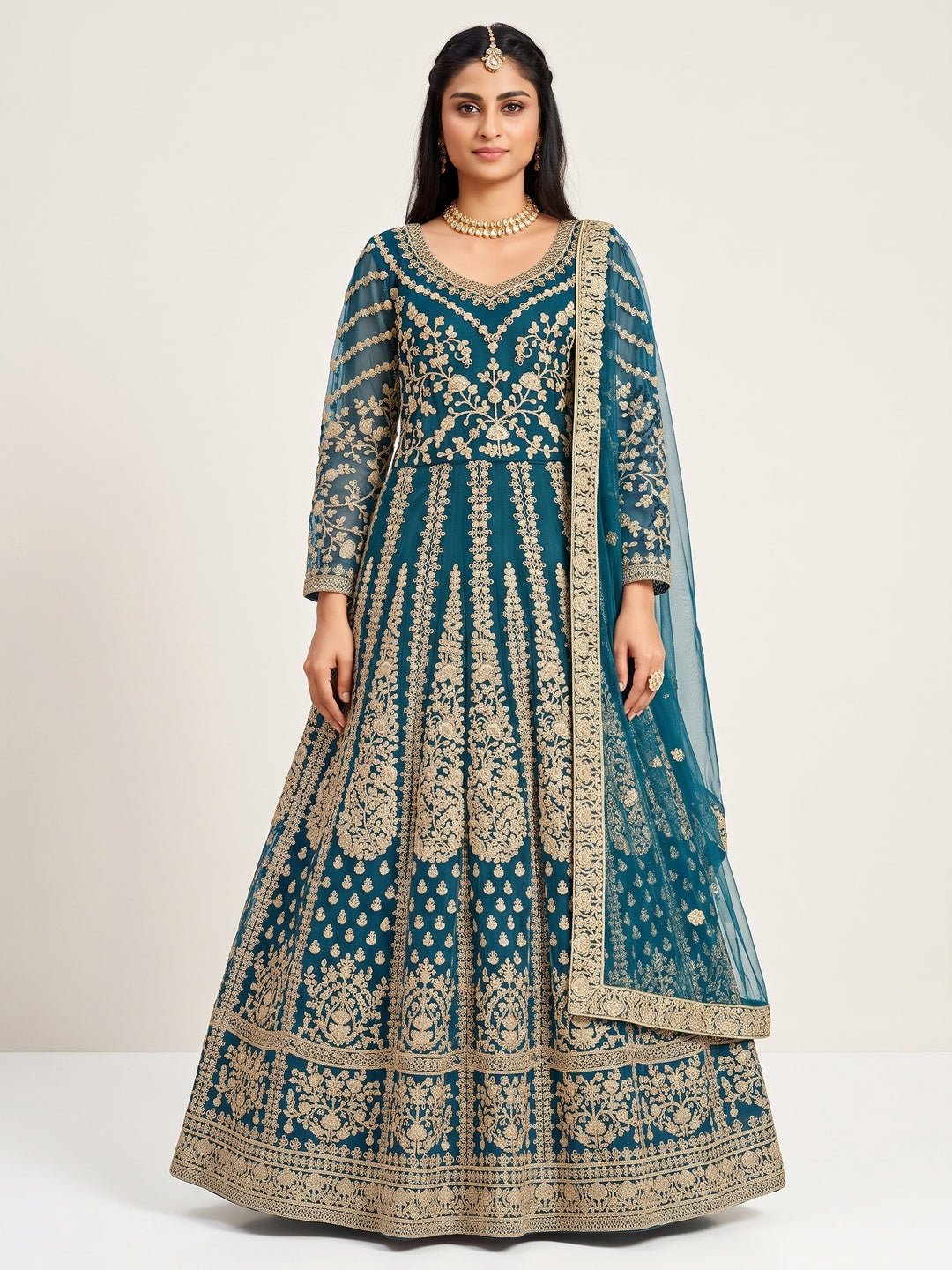 Aqua Blue Partywear Embroidered Net Anarkali Suit - Image 1