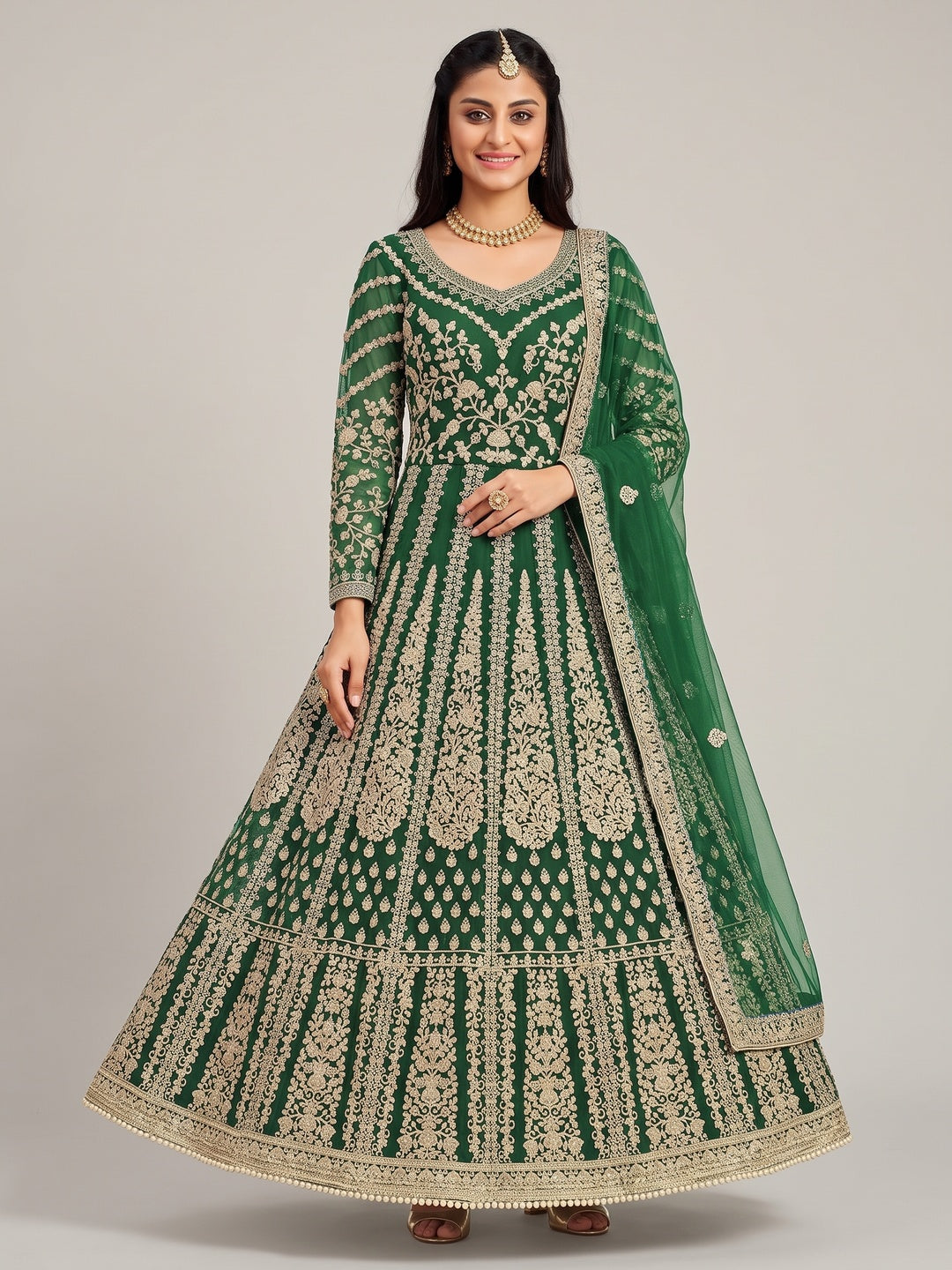 Green Partywear Embroidered Net Anarkali Suit - Image 1