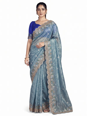 Blue Organza Saree with Embroidery on the Edges for a Graceful Contemporary Look - Image 1