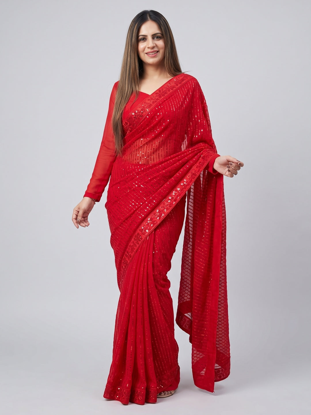 Red Sequins Embroidered Georgette Saree - Image 1
