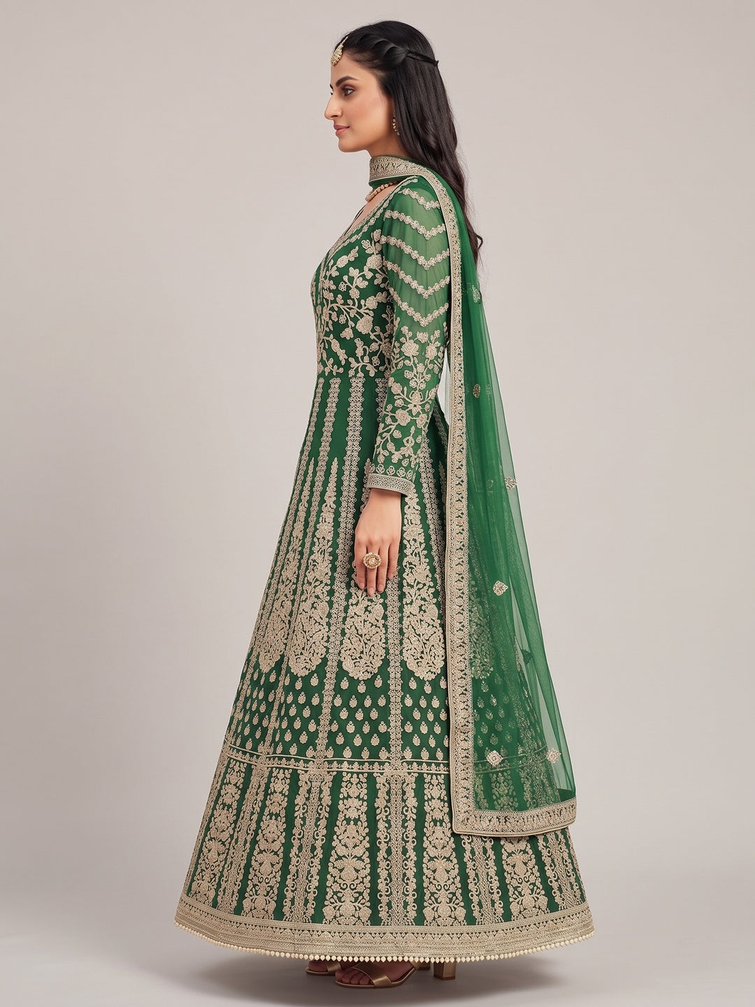 Green Partywear Embroidered Net Anarkali Suit - Image 3