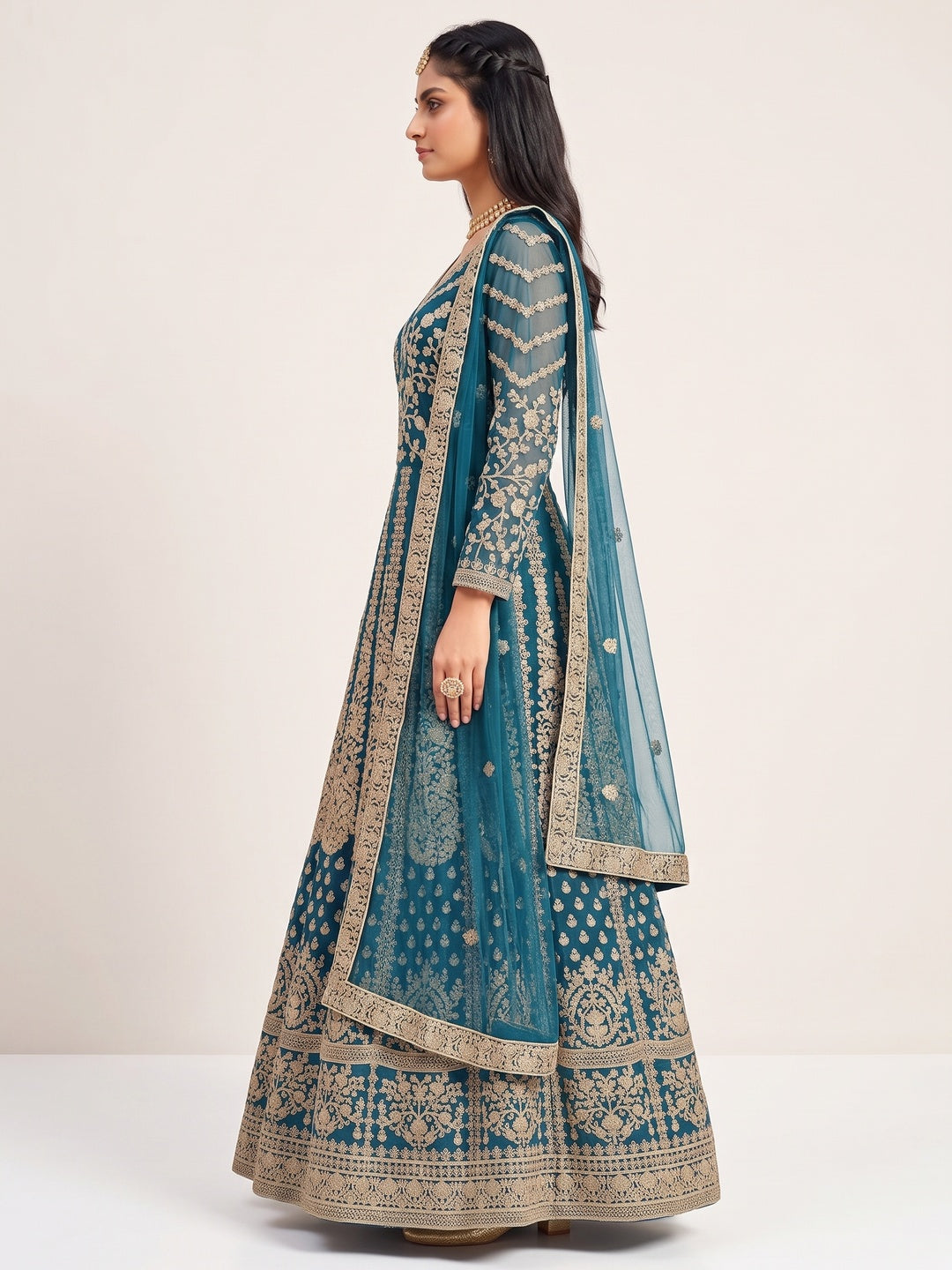 Aqua Blue Partywear Embroidered Net Anarkali Suit - Image 3