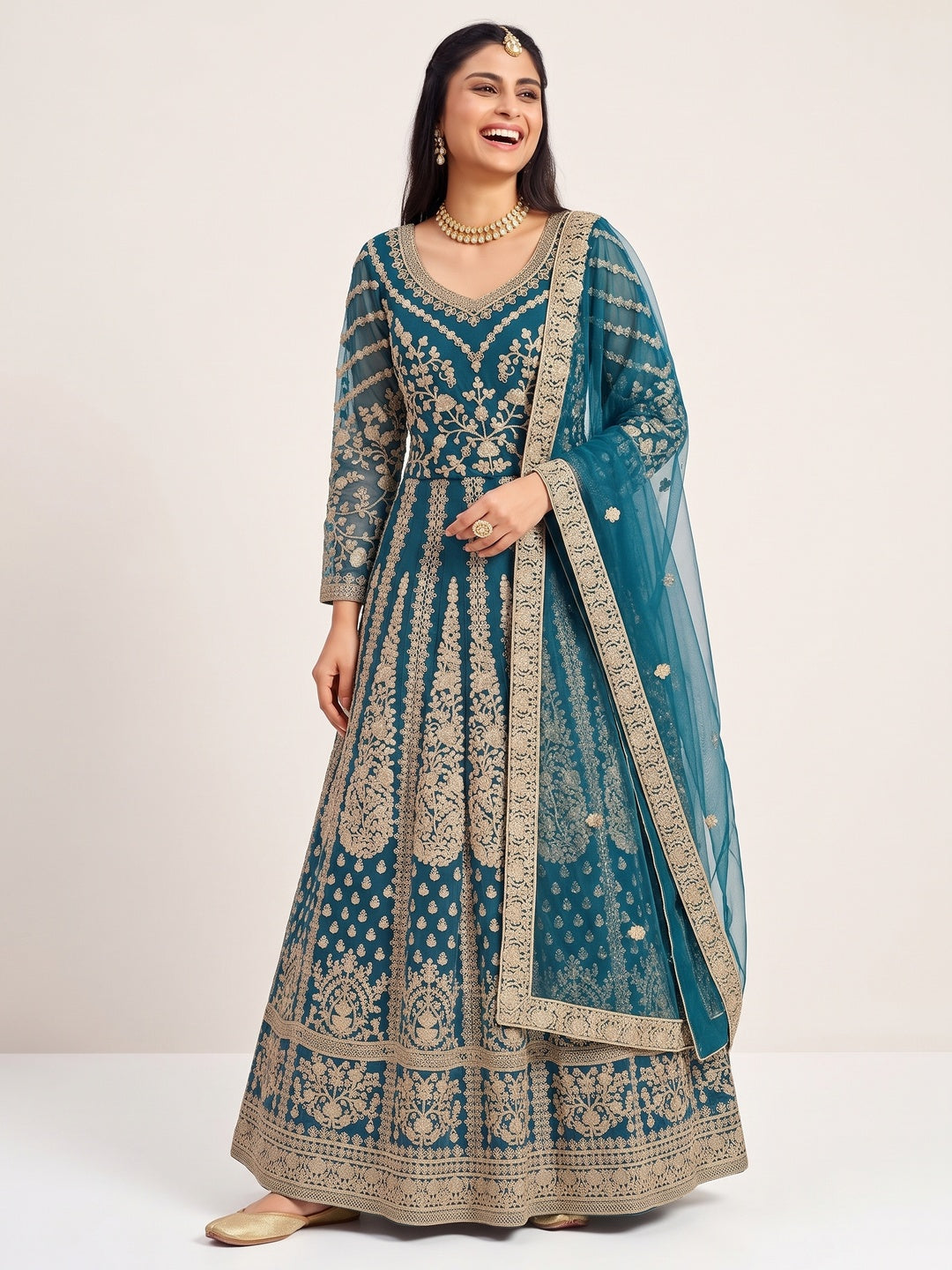 Aqua Blue Partywear Embroidered Net Anarkali Suit - Image 4