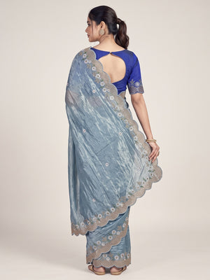 Blue Organza Saree with Embroidery on the Edges for a Graceful Contemporary Look - Image 2