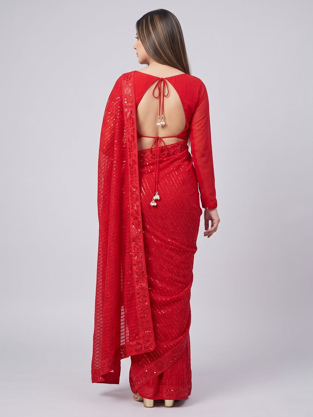 Red Sequins Embroidered Georgette Saree - Image 2