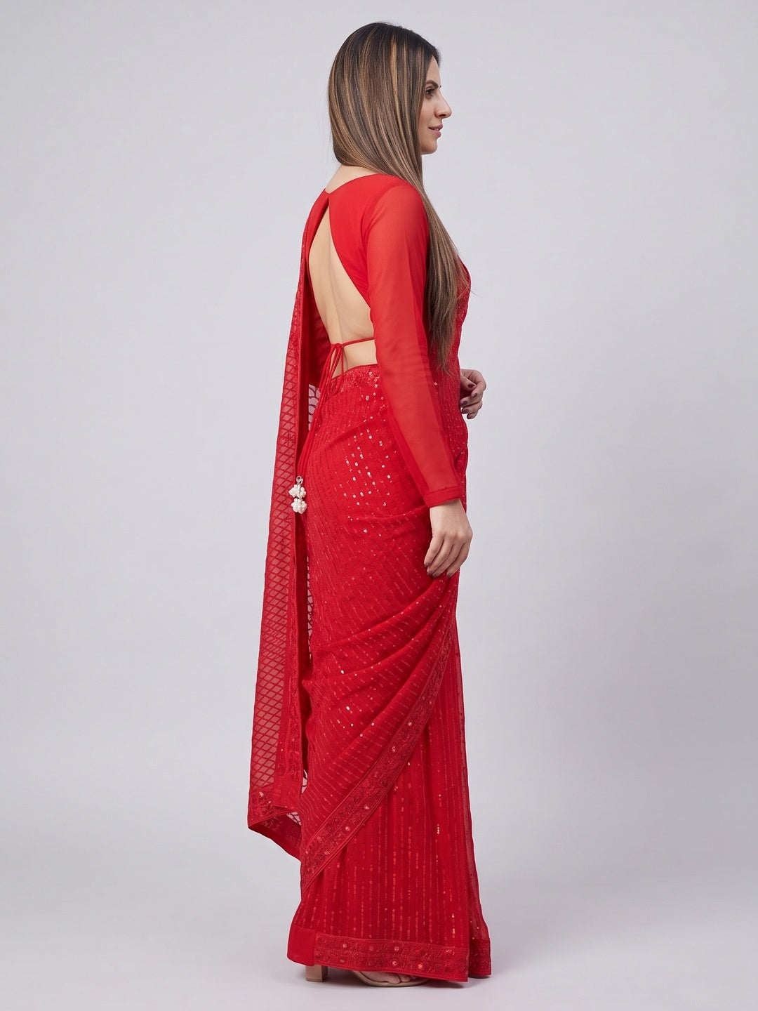 Red Sequins Embroidered Georgette Saree - Image 3