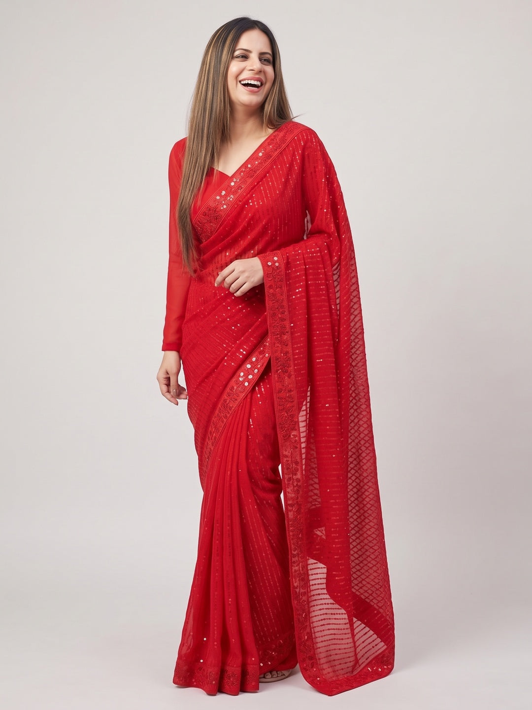 Red Sequins Embroidered Georgette Saree - Image 4