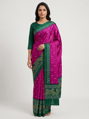 Pink Satin Crepe Saree Showcasing Timeless Bandhani Print - Image 1