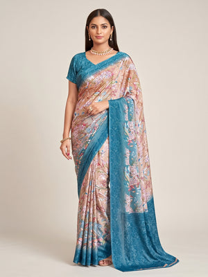 Blue Floral Printed Crepe Silk Saree - Image 4