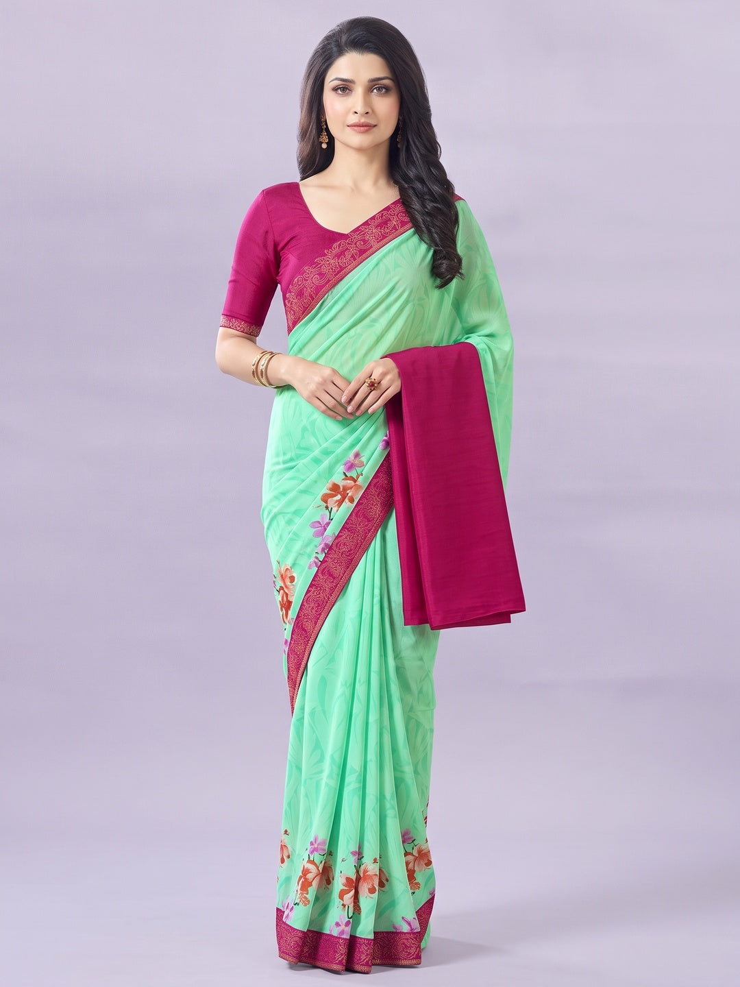 Sea Green Floral Printed Georgette Saree - Image 1