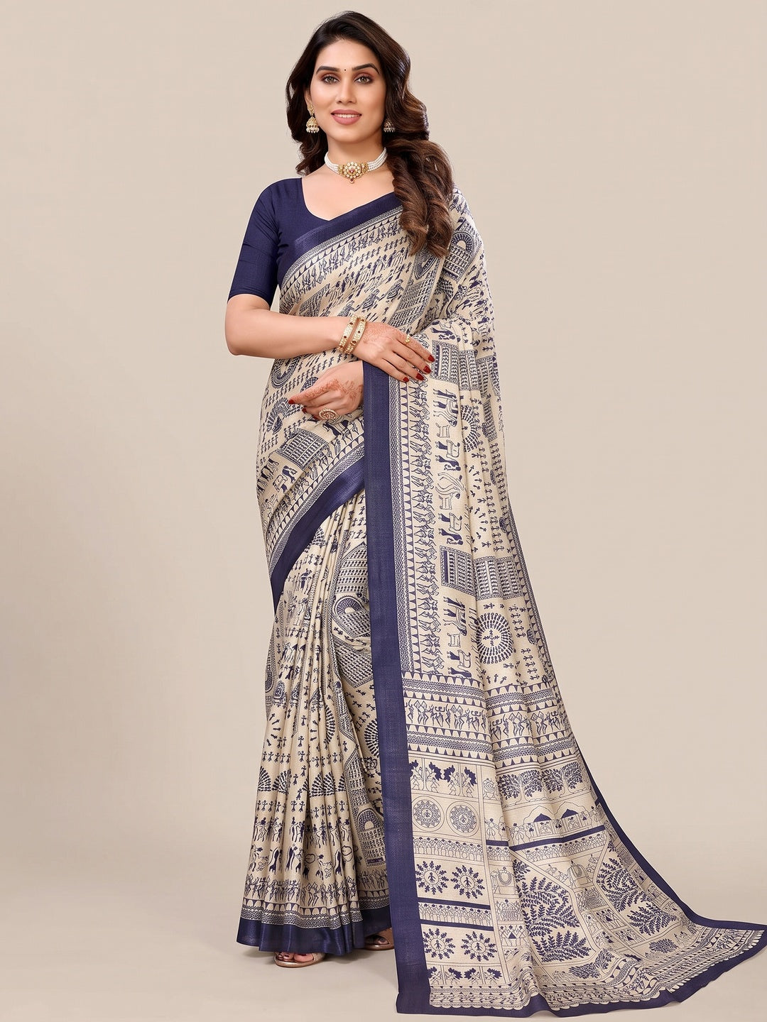 Off White & Blue Warli Printed Khaadi Saree - Image 1