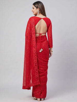 Red Sequins Embroidered Georgette Saree - Image 6
