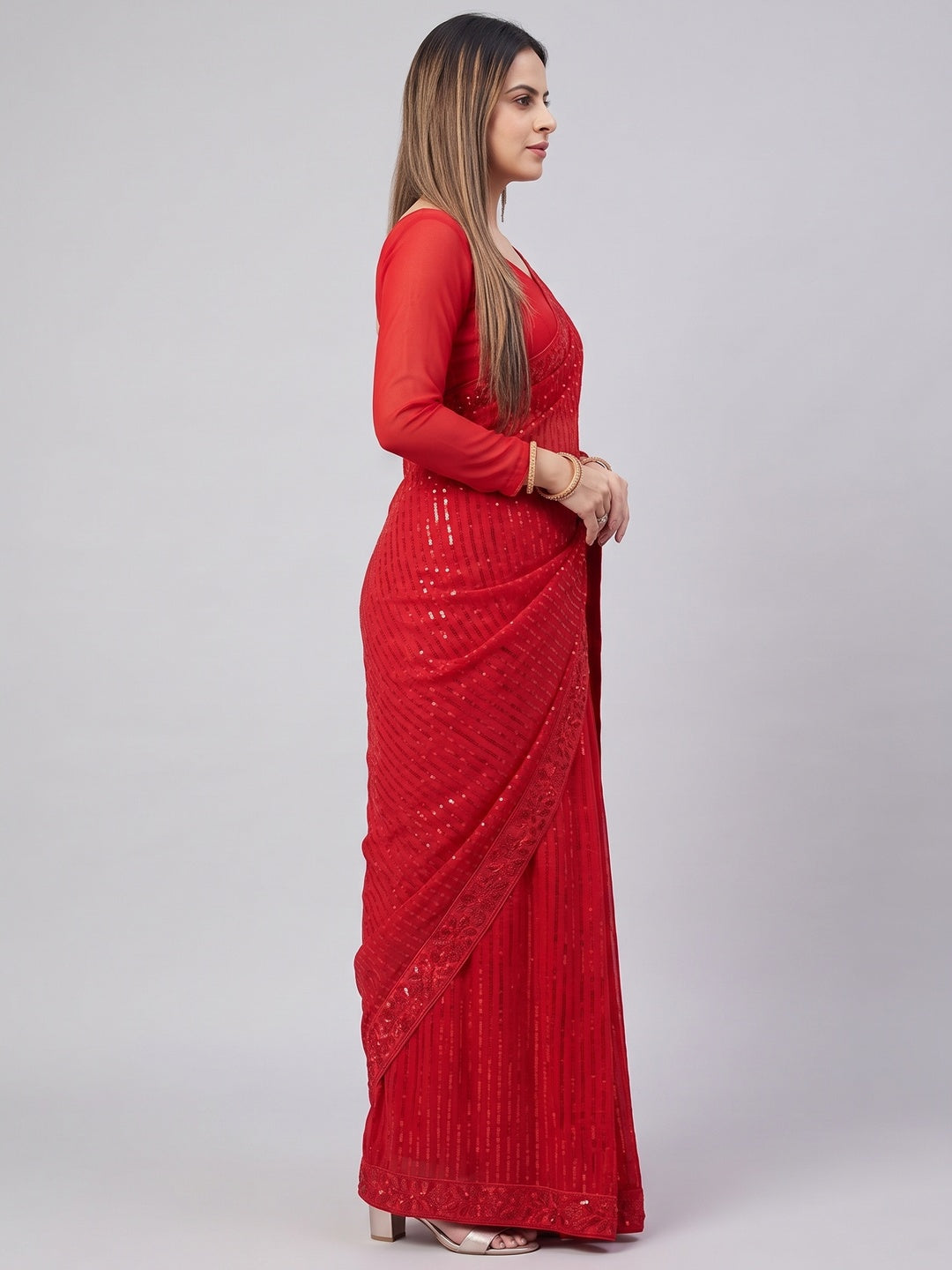 Red Sequins Embroidered Georgette Saree - Image 7
