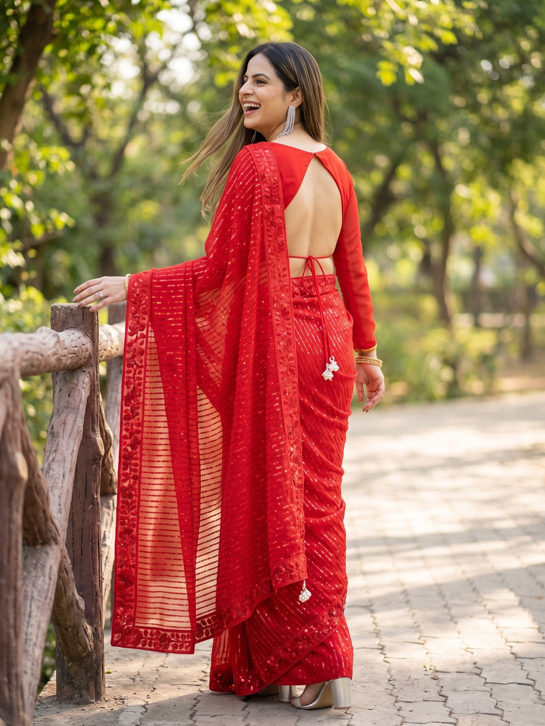 Red Sequins Embroidered Georgette Saree - Image 8