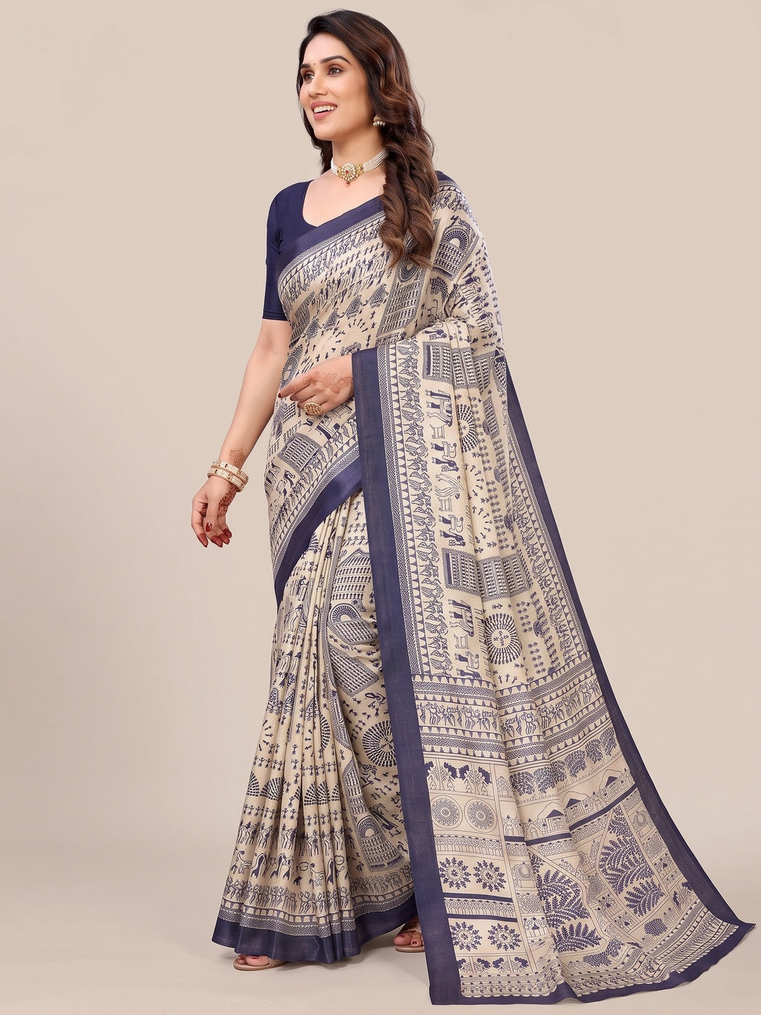 Off White & Blue Warli Printed Khaadi Saree - Image 2