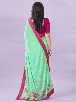 Sea Green Floral Printed Georgette Saree - Image 2