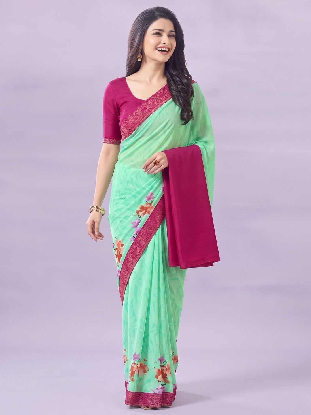 Sea Green Floral Printed Georgette Saree - Image 4