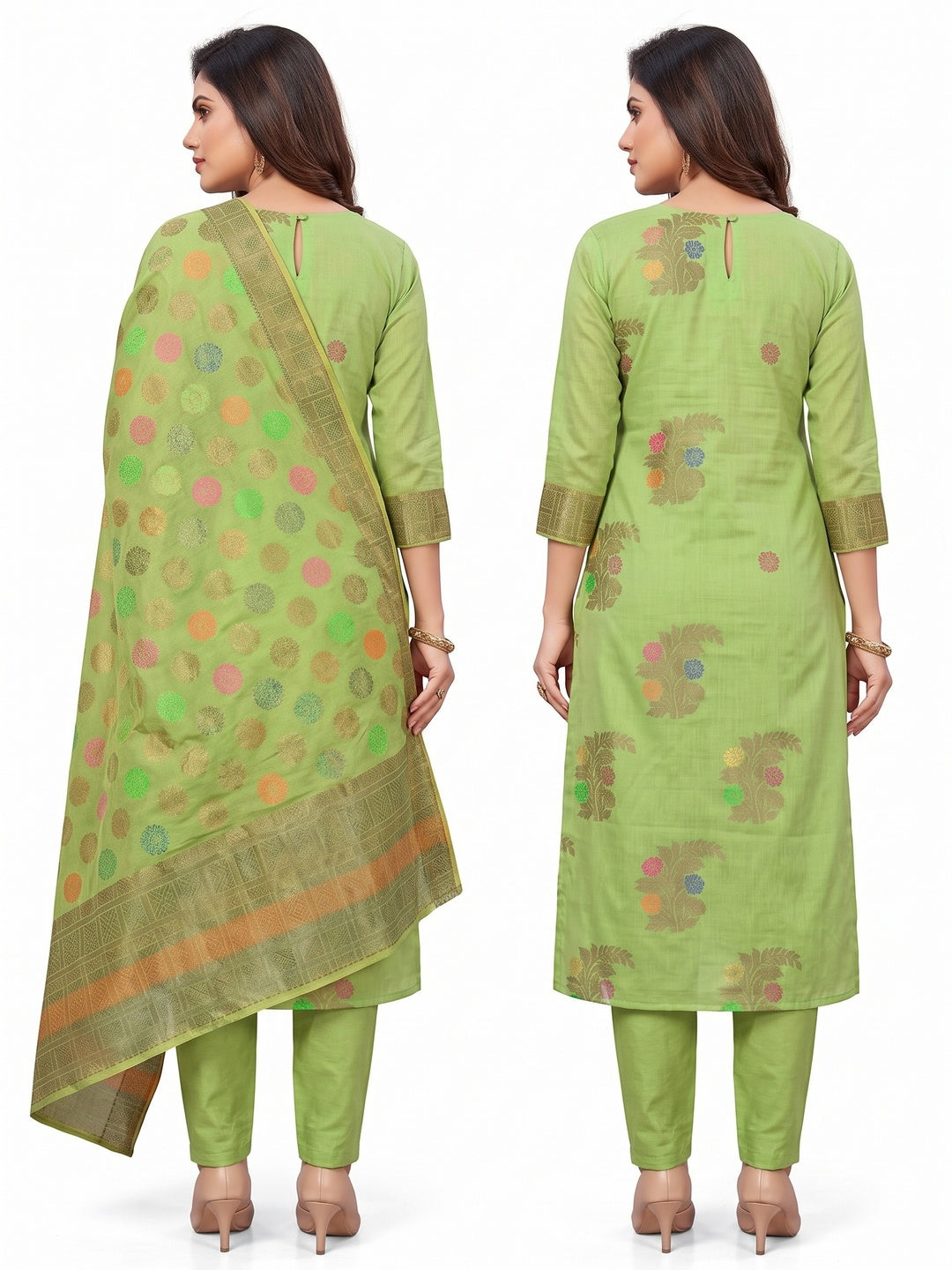 Elegant Green Colored Festive Wear Woven Heavy Banarasi Silk Dress Material - Image 5