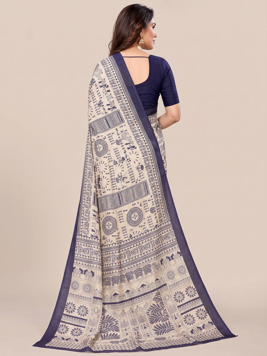 Off White & Blue Warli Printed Khaadi Saree - Image 3