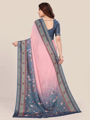 Pink Zari Woven Saree with Floral Motifs in Cotton Blend Fabric - Image 2