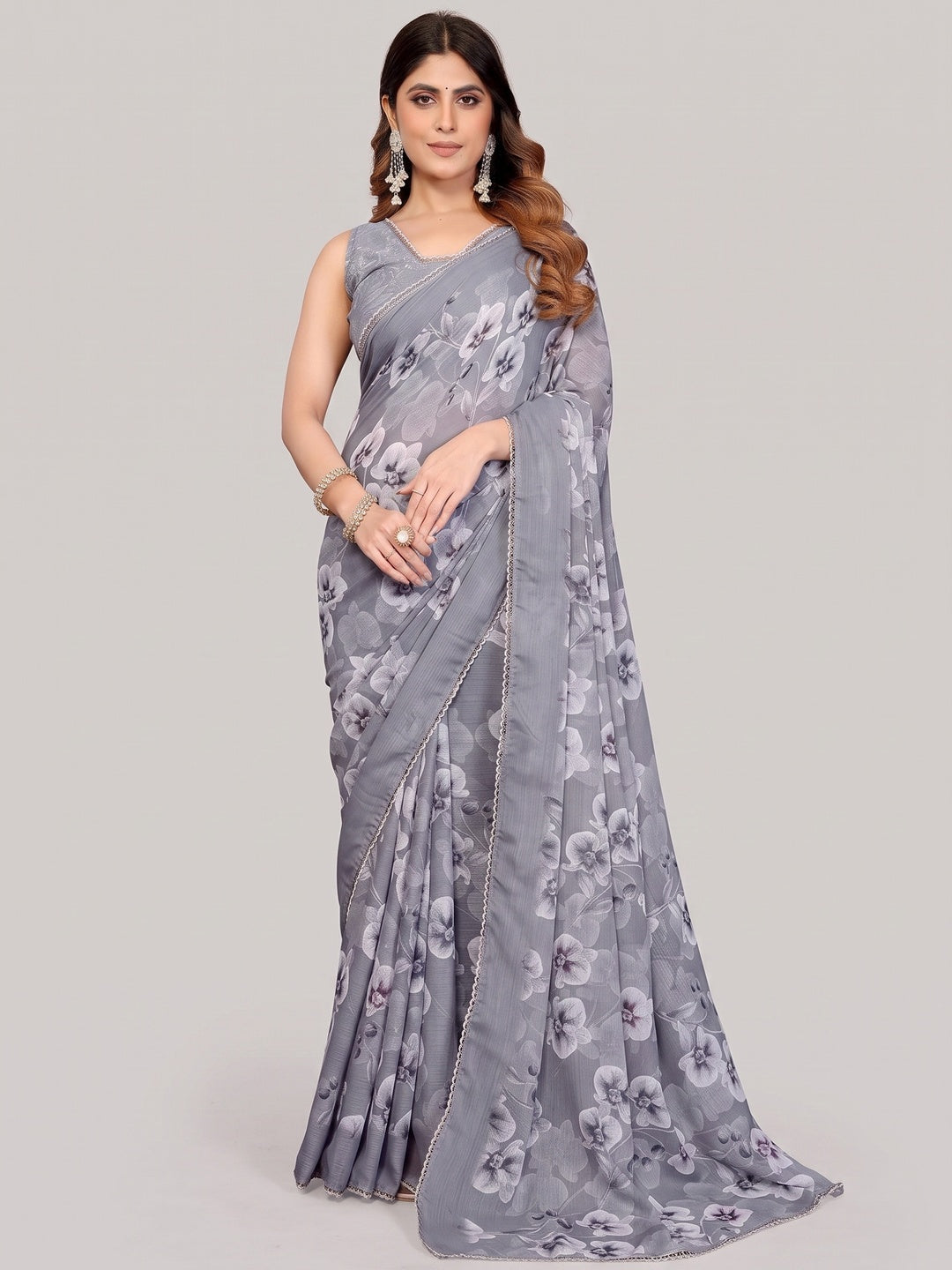 Elegant Gery Floral Printed Georgette Saree Enhanced With Delicate Lace Border Work - Image 8