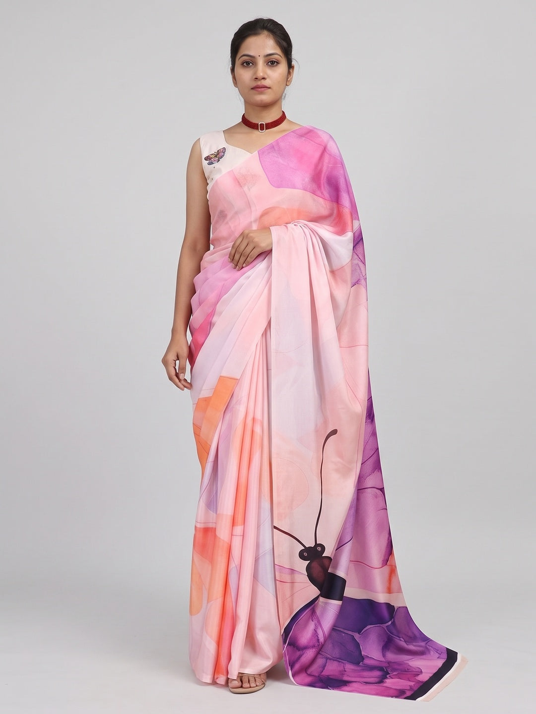Graceful Peach & Purple Butterfly Digital Print Chinon Saree With Artistic Work Detailing - Image 1