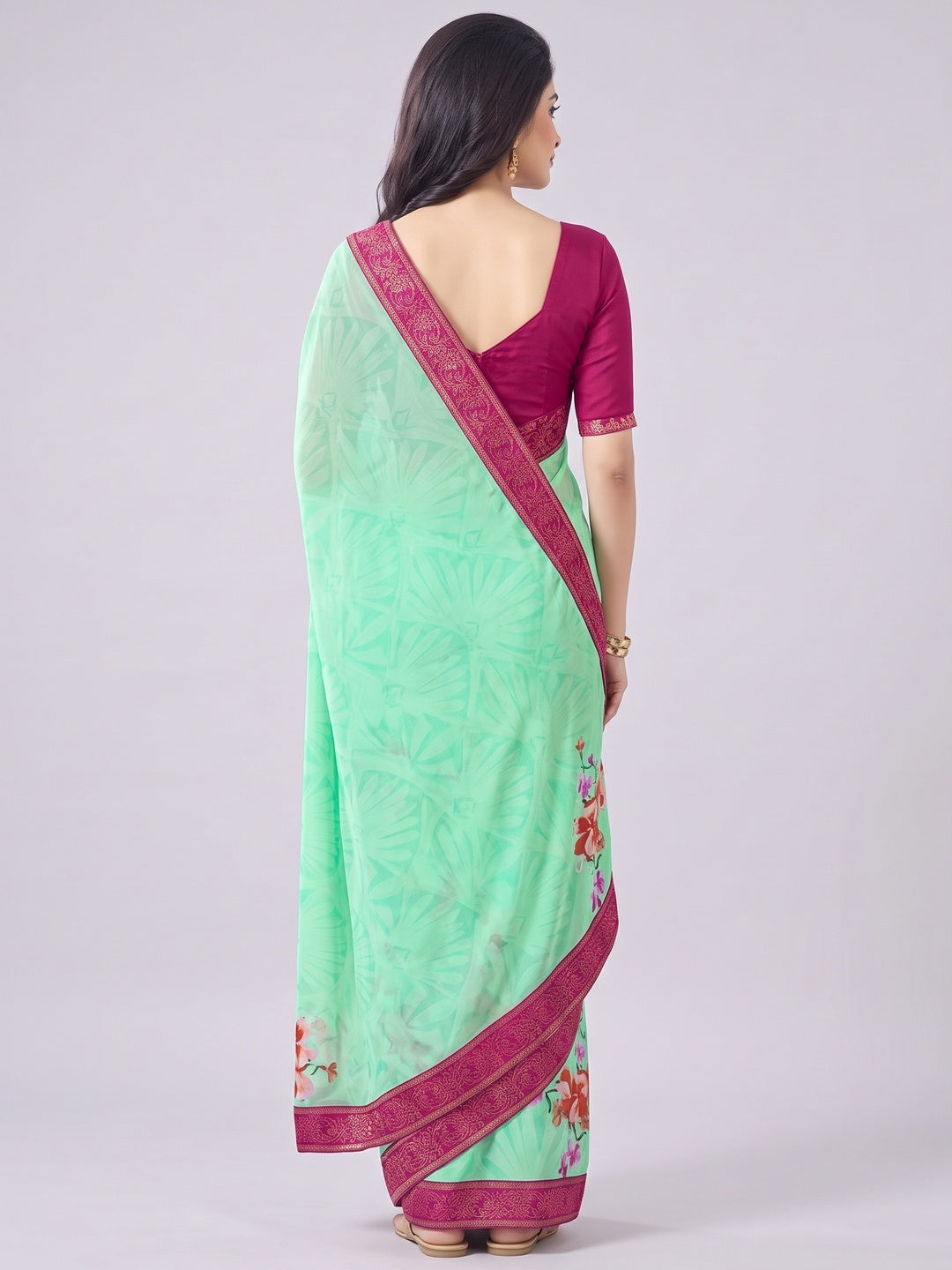 Sea Green Floral Printed Georgette Saree - Image 2