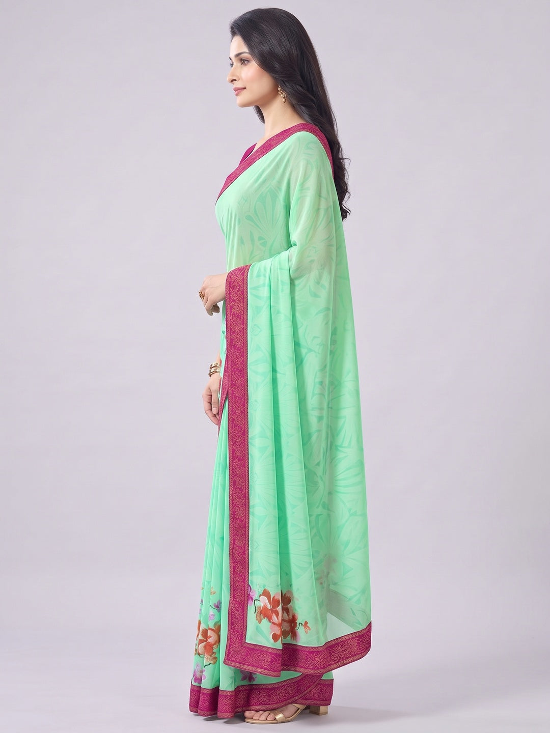 Sea Green Floral Printed Georgette Saree - Image 3
