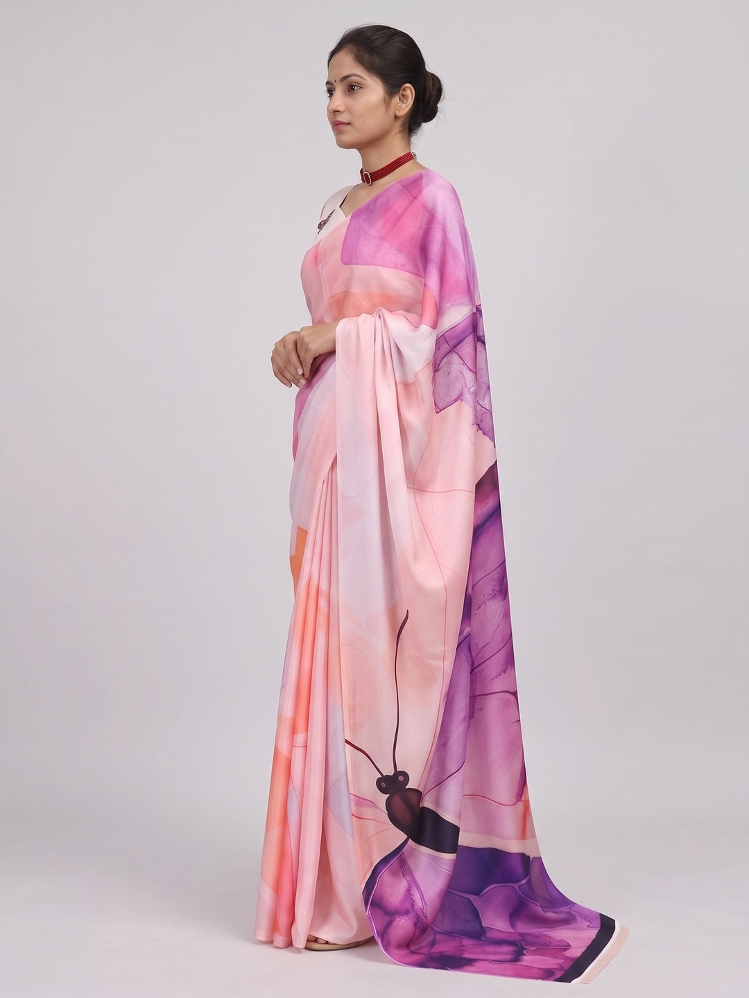 Graceful Peach & Purple Butterfly Digital Print Chinon Saree With Artistic Work Detailing - Image 3