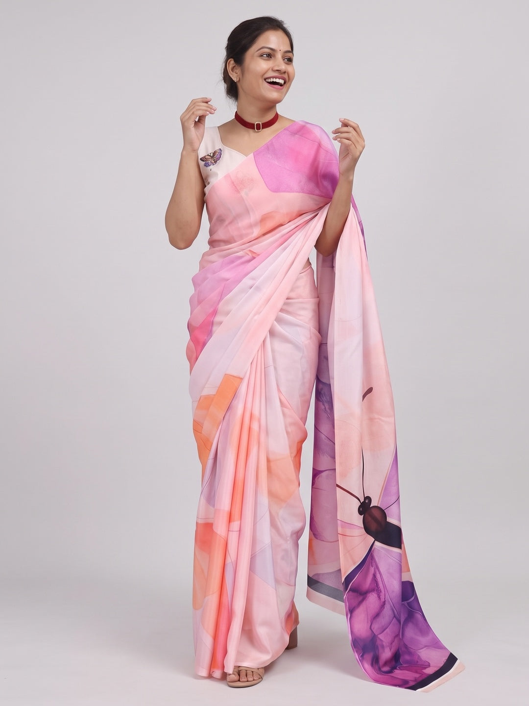 Graceful Peach & Purple Butterfly Digital Print Chinon Saree With Artistic Work Detailing - Image 4