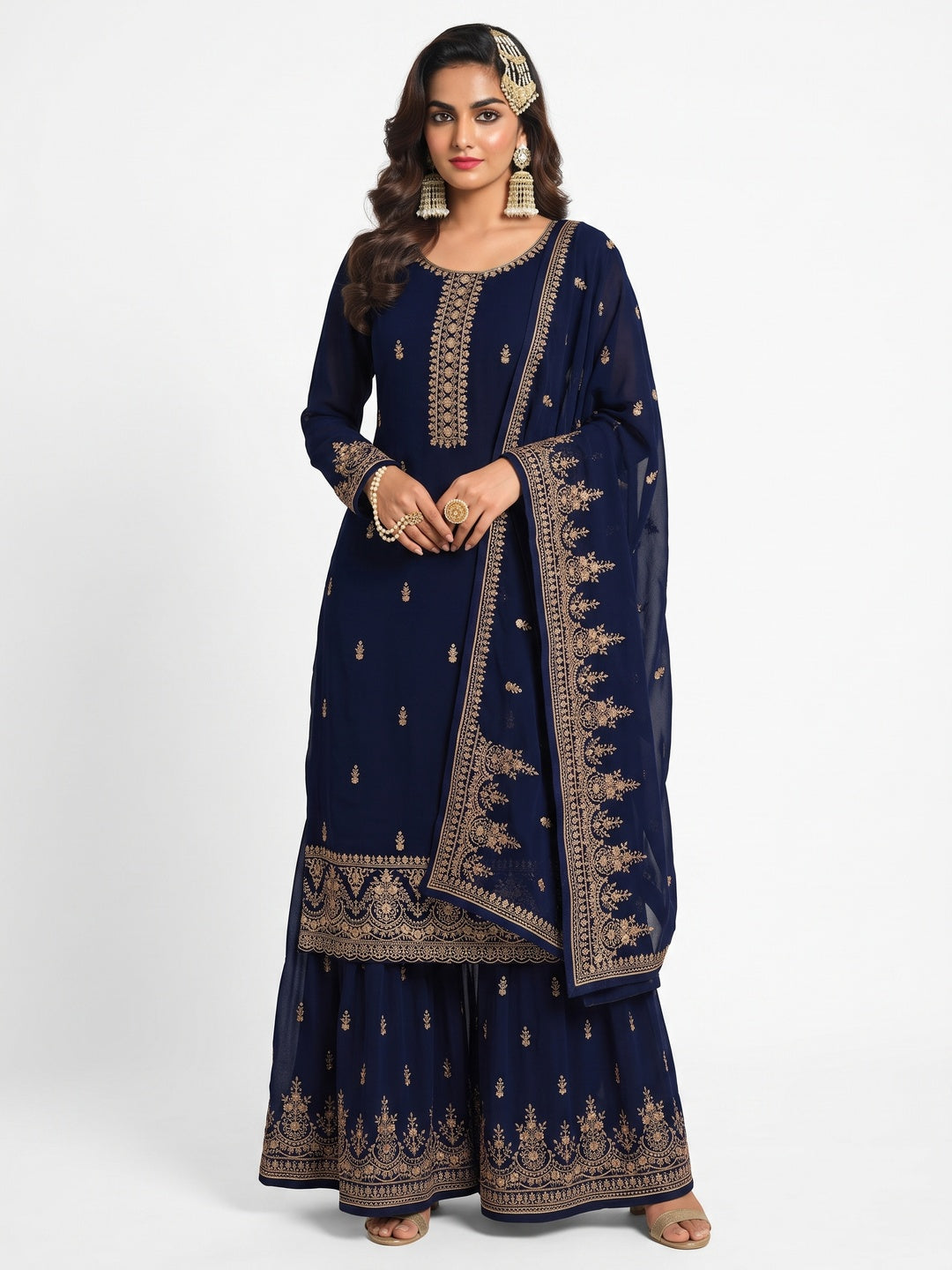 Navy Blue Floral Sequins Embroidered Georgette Semi Stitched Dress Material - Image 1