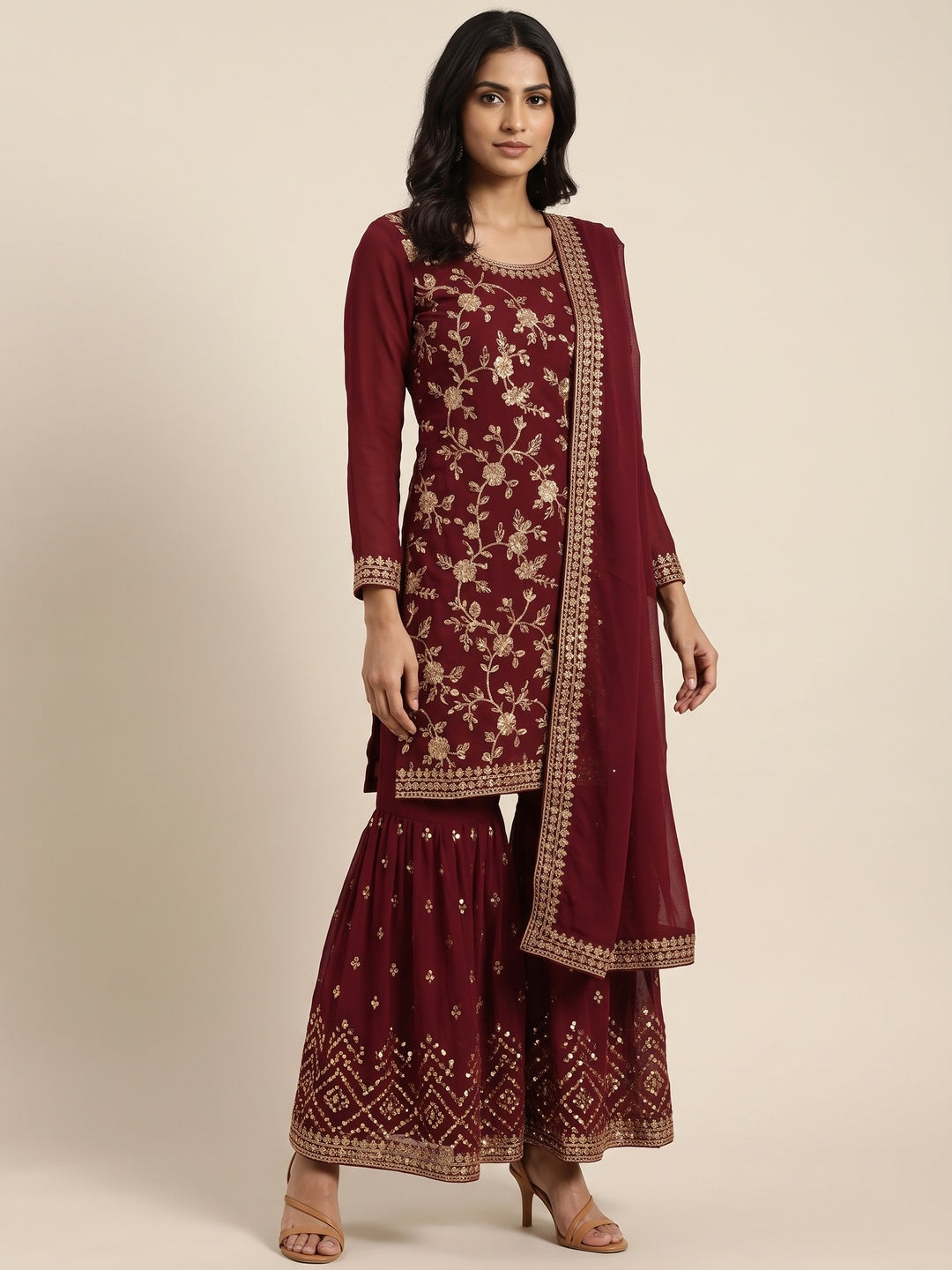 Maroon Floral Embroidered Georgette Semi Stitched Suit - Image 1