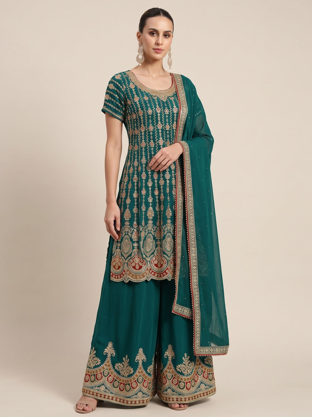 Rama Green Sequins Embroidered Georgette Semi Stitched Sharara Suit - Image 1