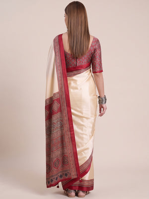 Cream & Red Modal Satin Saree Featuring a Solid Base and Artisanal Ajrakh Pallu - Image 2