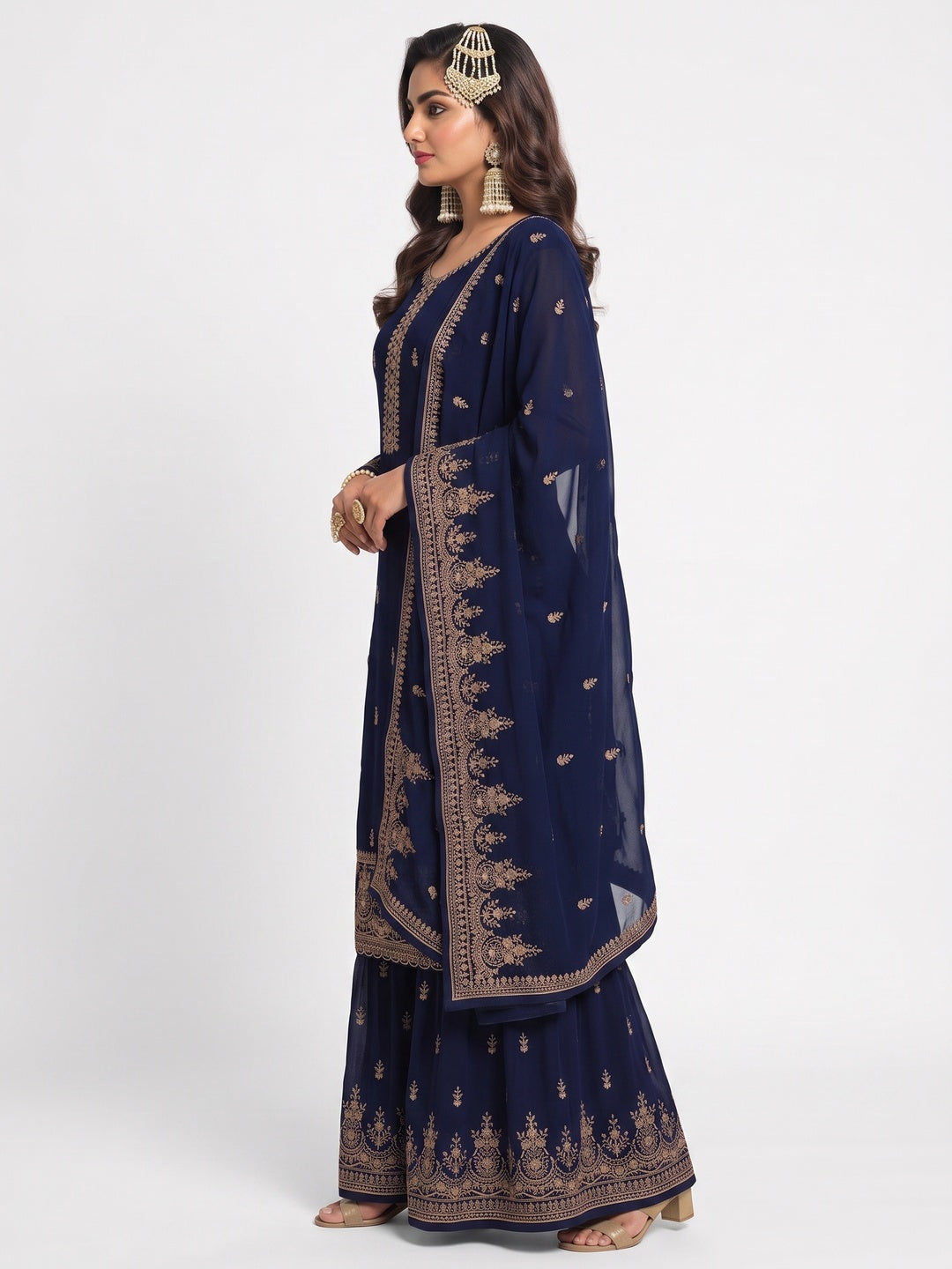 Navy Blue Floral Sequins Embroidered Georgette Semi Stitched Dress Material - Image 3