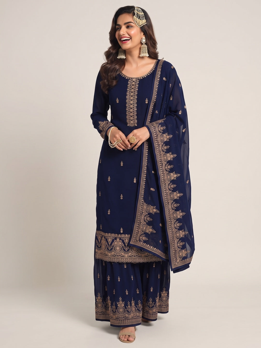 Navy Blue Floral Sequins Embroidered Georgette Semi Stitched Dress Material - Image 4