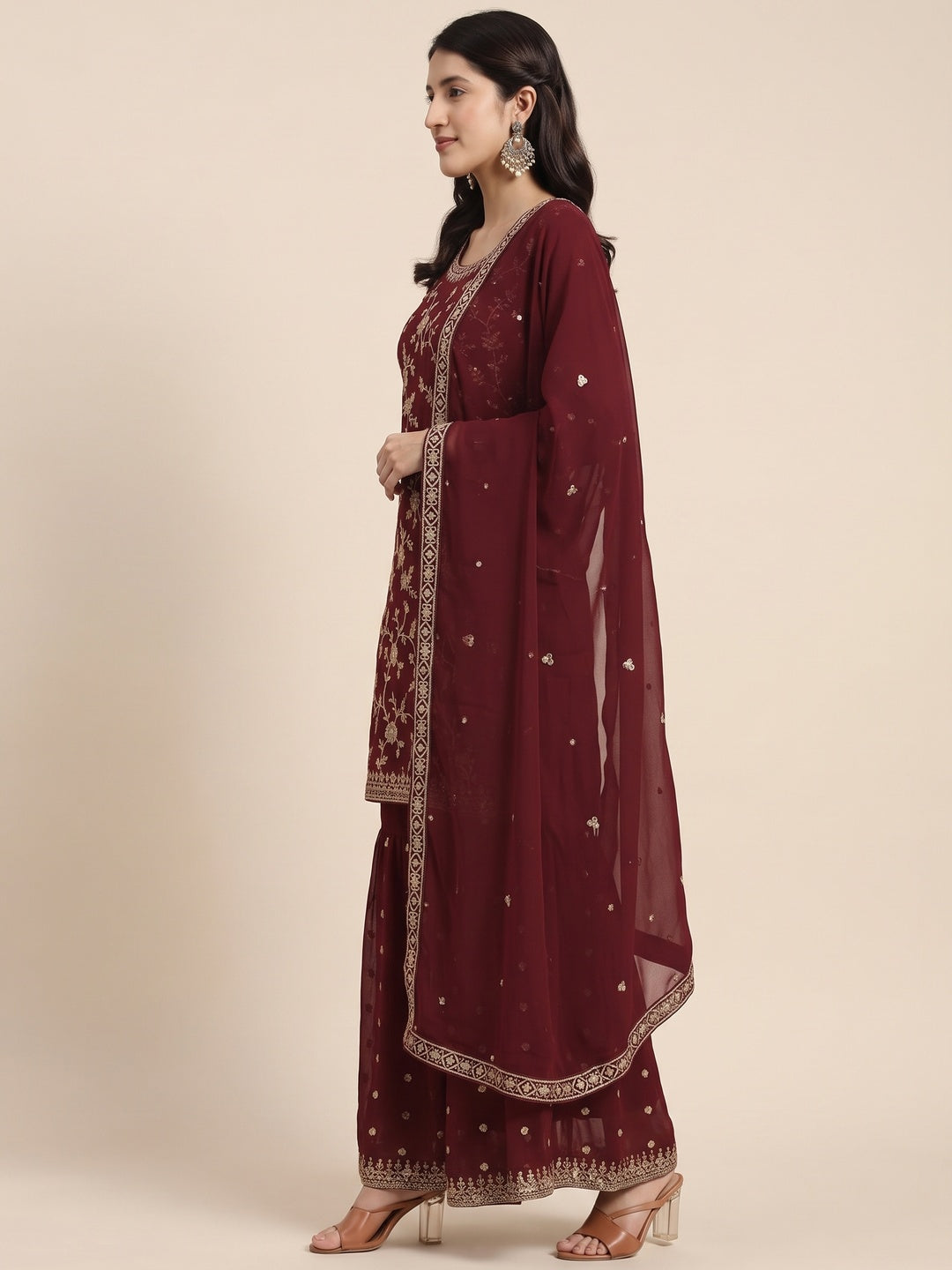 Maroon Floral Embroidered Georgette Semi Stitched Suit - Image 3