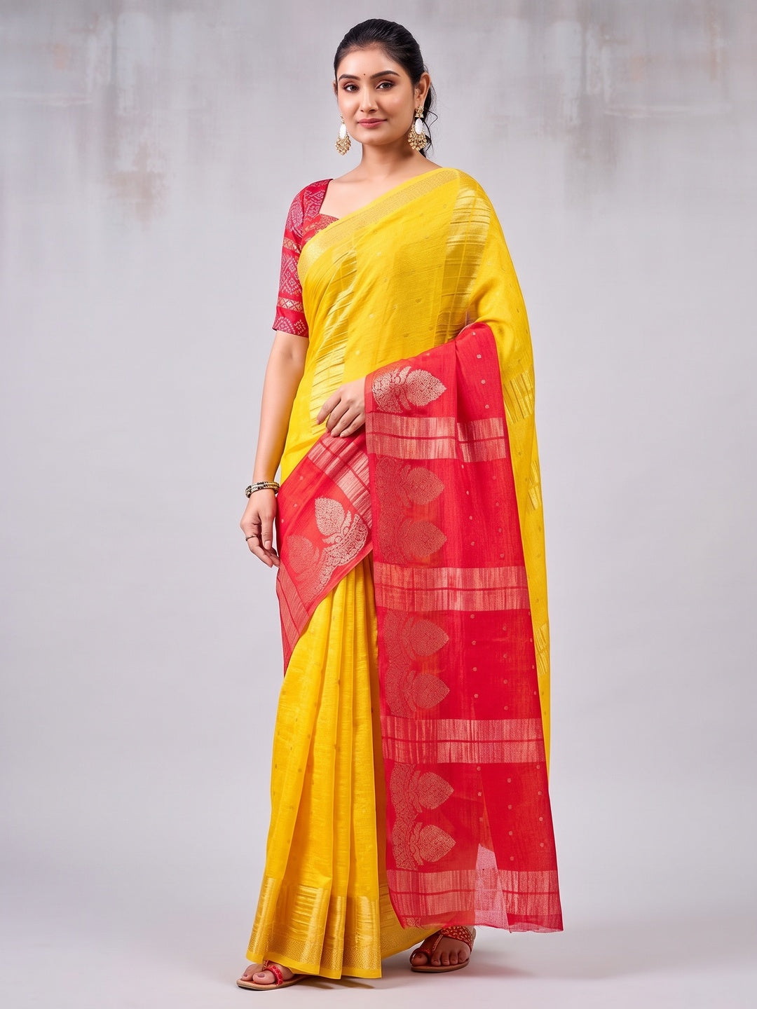 Classic Yellow And Red Floral Weaving Jacquard Chinon Half & Half Saree With Timeless Charm - Image 1
