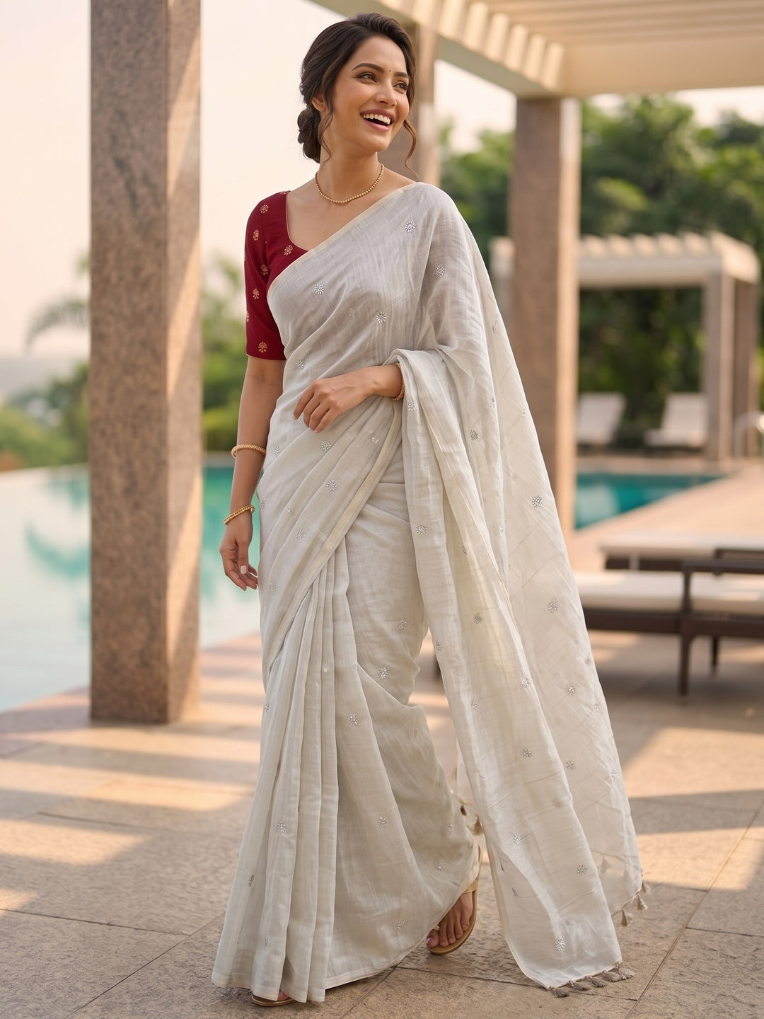 Elegant Cream Organza Satin Silk Saree Featuring Floral Butti Sequins Embroidery & Tassel Pallu - Image 10