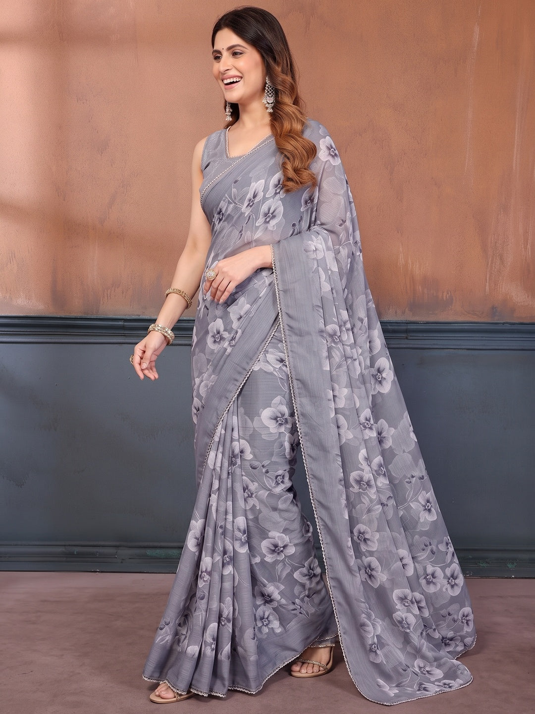 Elegant Gery Floral Printed Georgette Saree Enhanced With Delicate Lace Border Work - Image 13