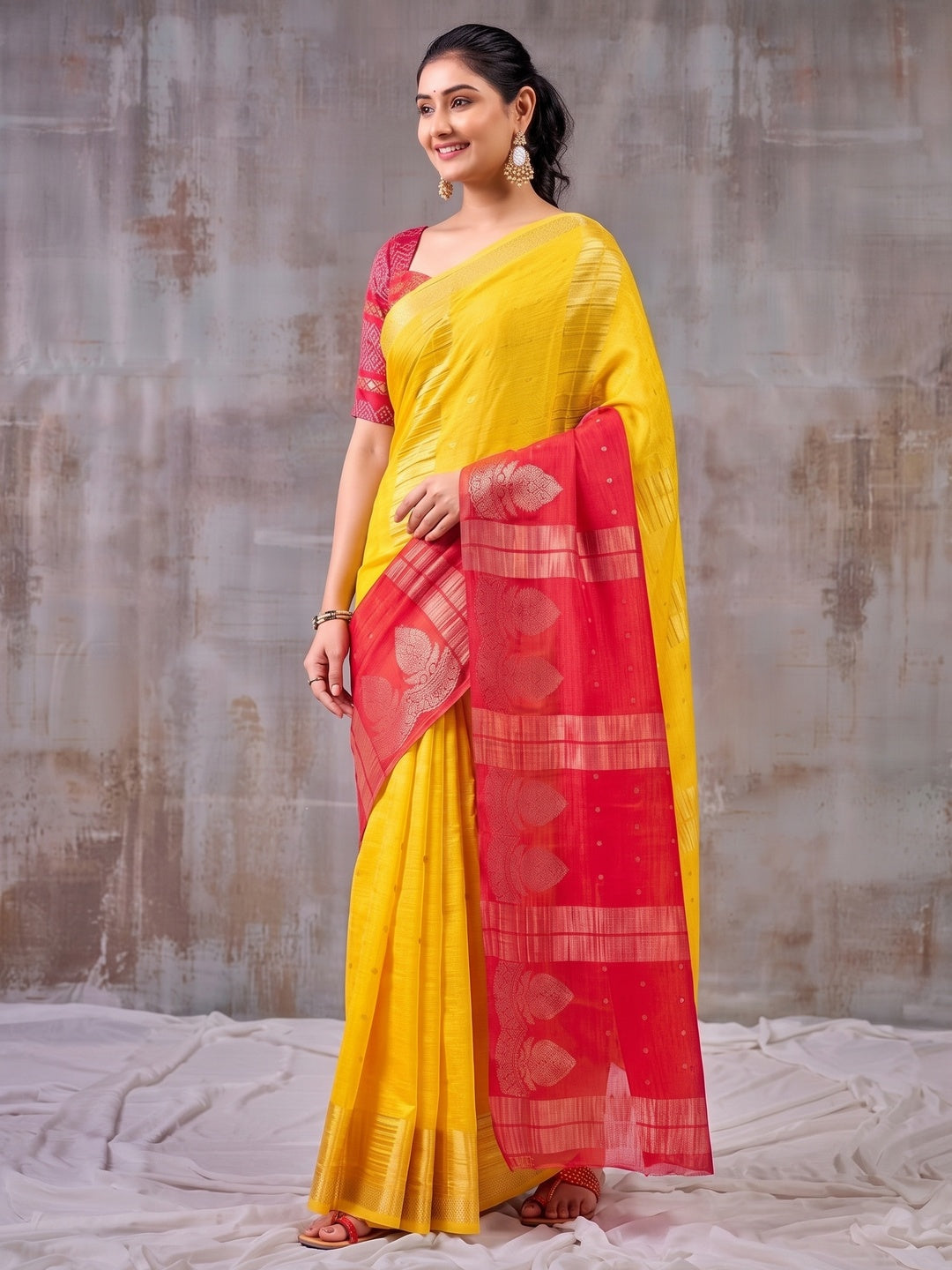 Classic Yellow And Red Floral Weaving Jacquard Chinon Half & Half Saree With Timeless Charm - Image 3