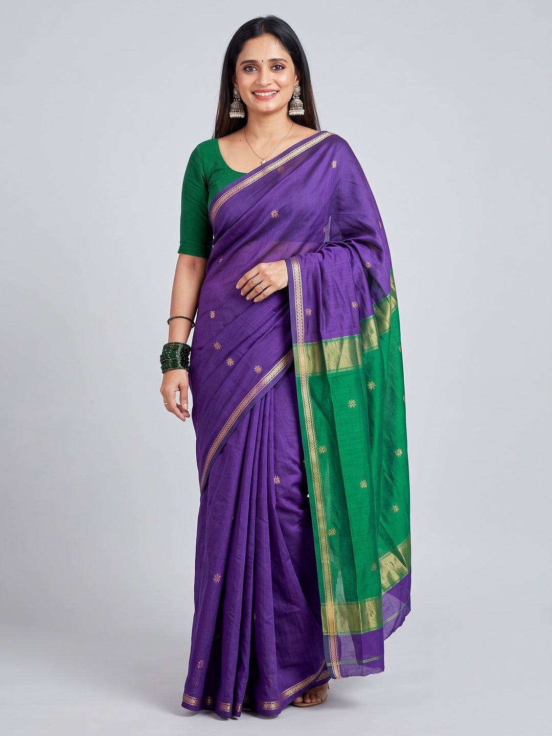 Purple Linen Cotton Saree Adorned with Intricate Zari Butti Weaving for a Refined Ethnic Appeal - Image 4