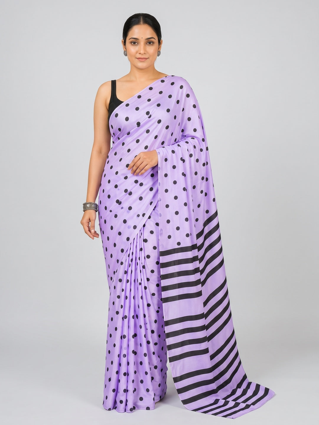 Classic Lavender Polka Printed Silk Crepe Saree Featuring Striped Pallu Design - Image 2