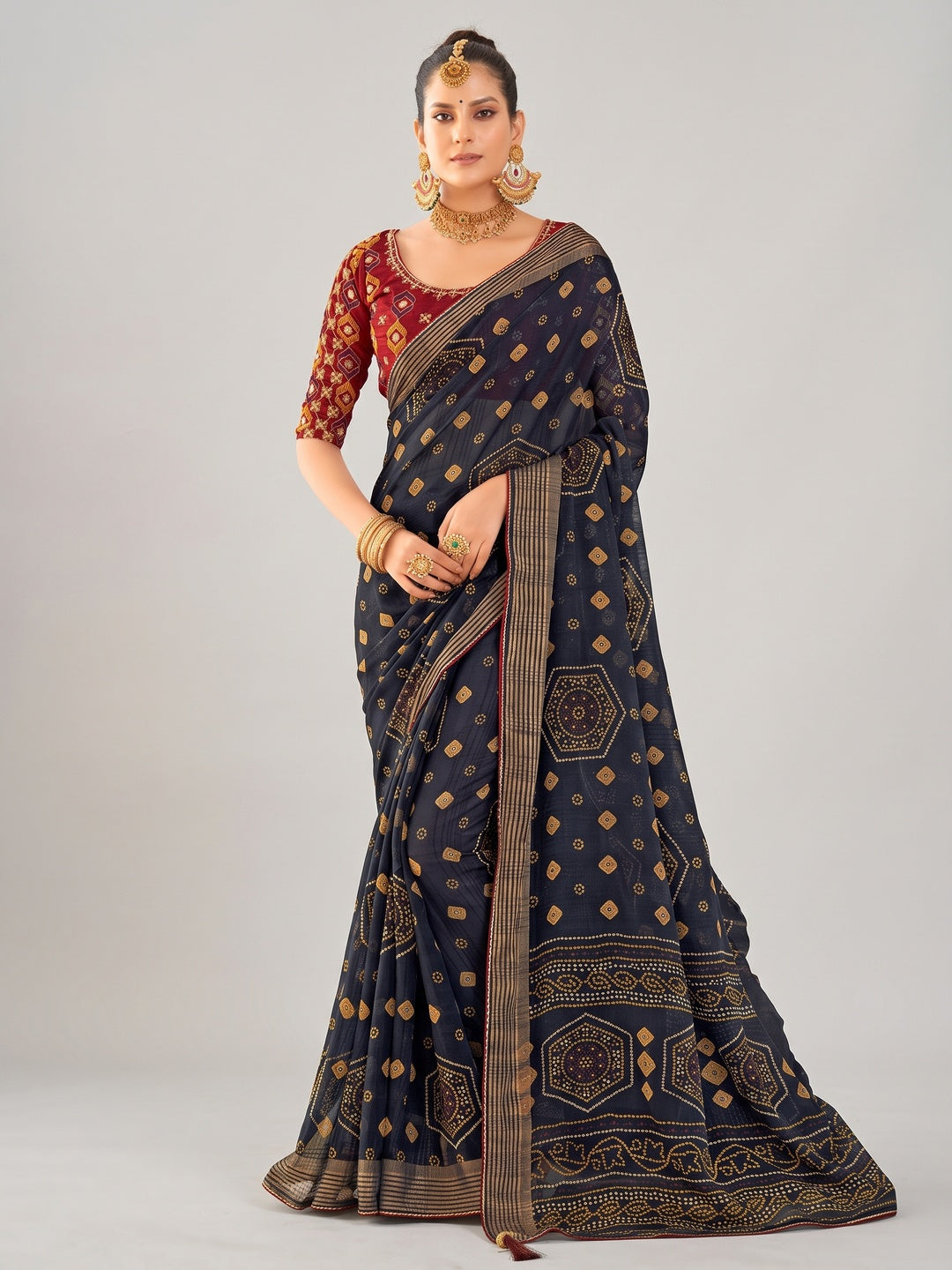 Blue Bandhani Printed Chiffon Saree With Tassels - Image 1