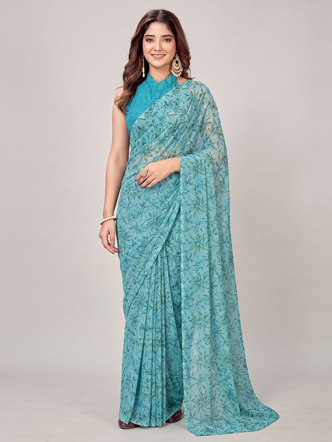 Blue Floral Printed Georgette Saree - Image 1